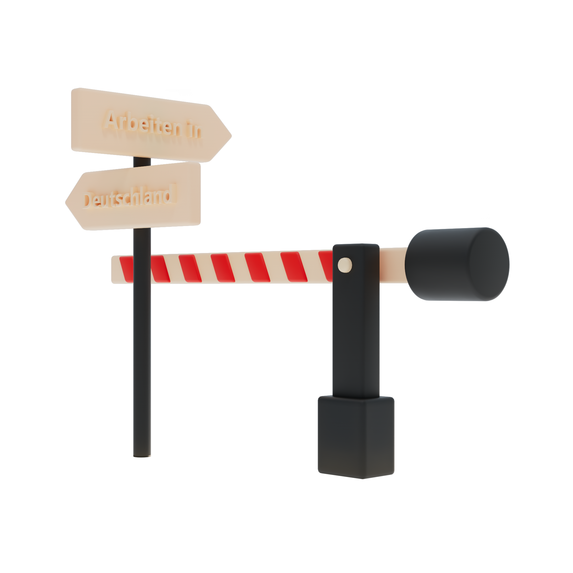 Schranke versperrt Wegweiser mit Pfeilen "Arbeiten in" und "Deutschland", Sinnbild für Hürden im Arbeitsrecht.